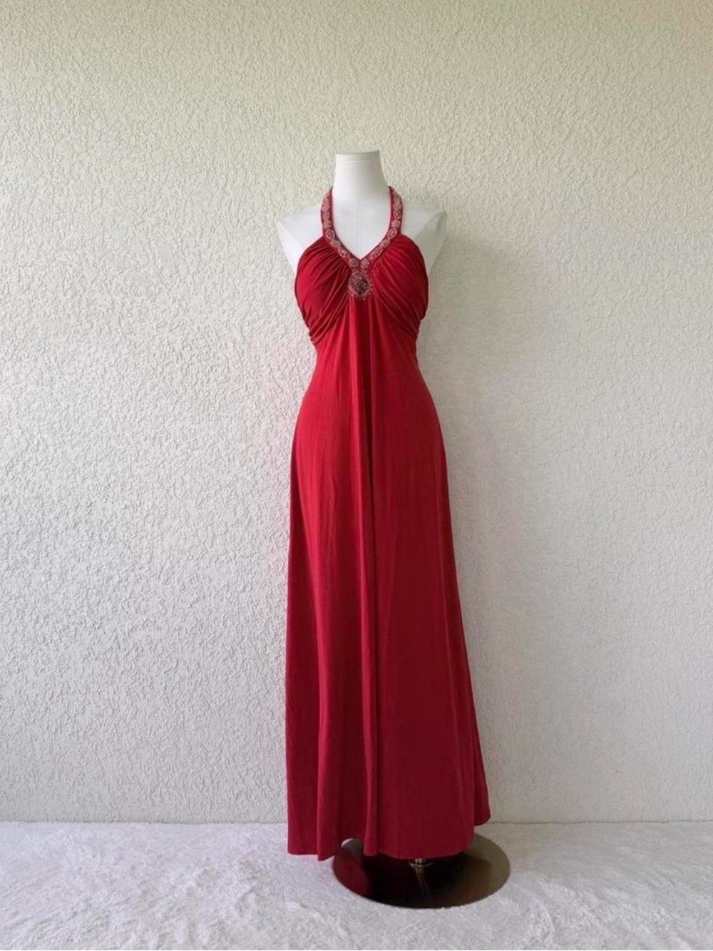 American Vintage Red Halter Maxi Dress with Beaded Detail